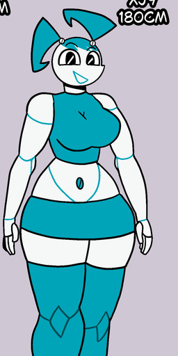 absolute_territory big_breasts bottomwear breasts clothed clothing eyebrows female footwear grey_background high_heels legwear looking_at_viewer machine midriff miniskirt navel open_mouth shoes simple_background skirt solo thigh_highs inkyproduction my_life_as_a_teenage_robot nickelodeon jenny_wakeman humanoid robot robot_humanoid hi_res