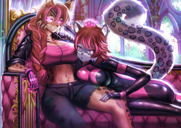 alternate_species anthro big_breasts black_latex bodysuit bra breasts brown_body brown_fur brown_hair clothed clothed_anthro clothed_female clothing duo female female/female fur gloves glowing glowing_eyes grey_body grey_fur hair handwear highlights_(coloring) hypnosis jacket latex latex_bodysuit latex_clothing latex_skinsuit leather leather_clothing leather_jacket leather_topwear long_hair looking_at_viewer mind_control multicolored_body multicolored_bodysuit multicolored_clothing multicolored_fur multicolored_skinsuit pink_bra pink_clothing pink_eyes pink_highlights pink_latex pink_sports_bra pink_underwear sitting skinsuit smile smirk sports_bra supervillain tail tight_clothing topwear two_tone_body two_tone_bodysuit two_tone_clothing two_tone_fur two_tone_skinsuit underwear hasegawakein zaide_(ashkelling) zyla_garthori_(zylo_garoh) felid feline lynx mammal pantherine snow_leopard 2023 hi_res story story_in_description