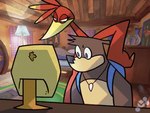 anthro backpack blue_eyes brown_body computer detailed_background duo electronics feathers female feral game_background green_eyes head_tuft jewelry looking_at_viewer male narrowed_eyes necklace red_body red_feathers shark_tooth_necklace squint tuft potoobrigham banjo-kazooie rareware banjo_(banjo-kazooie) kazooie avian bear bird breegull mammal 2020 animated reaction_image