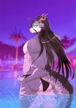 anthro black_hair butt clothing dusk grey_body grey_scales hair horn long_hair looking_back male muscular muscular_anthro muscular_male pecs poolside scales solo speedo swimwear tail arcadia_alulu lifewonders mythology tokyo_afterschool_summoners fuxi_(tas) dragon mythological_creature mythological_scalie scalie absurd_res hi_res