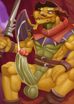 2_horns abs anthro balls barazoku belt belt_around_belly bodily_fluids clothing cum cum_on_penis cum_on_self cum_string ejaculation erection facial_hair genital_fluids genitals hand_on_leg hand_on_thigh hands-free hat headgear headwear holding_object holding_weapon horn humanoid_genitalia humanoid_penis male membrane_(anatomy) membranous_wings mostly_nude muscular muscular_arms muscular_thighs mustache penis sitting solo weapon wings wristband yellow_body kittikary activision mythology spyro_reignited_trilogy spyro_the_dragon conan_(spyro) rescued_dragons_(spyro) dragon mythological_creature mythological_scalie scalie 2019 digital_media_(artwork) hi_res
