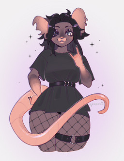 anthro belt black_belt black_claws black_clothing black_eyelids black_eyes black_hair black_shirt black_topwear blush claws clothing ear_piercing eyelashes facial_piercing female fingers fishnet_stockings hair heterochromia long_hair looking_at_viewer nose_piercing nose_ring piercing pink_tail ring_piercing shirt simple_background smile solo tail topwear white_eyes cepto_(artist) mammal murid murine rat rodent 2023 colored digital_drawing_(artwork) digital_media_(artwork) hi_res shaded simple_shading