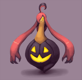 female food fruit hair jack-o'-lantern pink_hair plant pseudo_hair pumpkin purple_background simple_background smile solo yellow_eyes outta_sync nintendo pokemon elemental_creature flora_fauna generation_6_pokemon ghost gourgeist pokemon_(species) spirit 2019