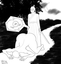 anus asian_clothing ass_up big_butt butt clothing east_asian_clothing eye_anus eyeball forest forest_background huge_butt japanese_clothing katana kimono melee_weapon moon nature nature_background night not_furry nude plant samurai sword thick_thighs tongue tongue_out tree warrior weapon thedarkjudge96 asian_mythology east_asian_mythology japanese_mythology mythology human mammal monster shirime yokai absurd_res hi_res monochrome