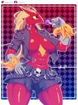 alternative_fashion anthro black_clothing blue_eyes breasts candy clothing dessert female food holding_candy holding_food holding_lollipop holding_object lollipop punk ring simple_background solo yellow_sclera sunny_draconis nintendo pokemon blaziken generation_3_pokemon pokemon_(species) hi_res