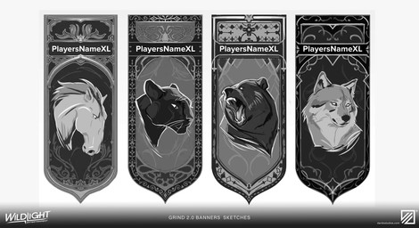 ambiguous_feral ambiguous_gender banner black_body black_fur black_nose company_logo company_name empty_eyes fangs feral fur gradient_background grey_body grey_fur grey_mane grey_nose grey_tongue group light mane mouth_closed multicolored_body multicolored_fur open_mouth short_mane simple_background teeth text tongue whisker_spots whiskers byanka_li highguard_(game) bear canid canine canis equid equine felid horse mammal pantherine wolf 2026 absurd_res concept_art digital_drawing_(artwork) digital_media_(artwork) english_description english_text greyscale hi_res lighting monochrome multiple_images official_art shaded url