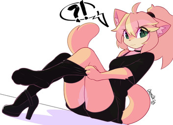 ahoge anthro breasts choker clothed clothed_anthro clothed_female clothing dressing feet female female_anthro footwear fur green_eyes hair high_heels interrobang jewelry legwear looking_at_viewer necklace ponytail shoes simple_background solo tail tan_body tan_fur tan_hair thigh_highs toe_outline white_background cat_citrus paige_(cat_citrus) domestic_cat felid feline felis mammal 2025 digital_media_(artwork) hi_res