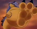 3_toes abstract_background ambiguous_gender bodily_fluids feet foot_focus fur grey_body grey_fur low-angle_view macro male raised_foot soles sweat sweaty_feet toes worm's-eye_view yellow_body yellow_soles suddendraft bandai_namco digimon clay_(suddendraft) ambiguous_species digimon_(species) gabumon 2021 hi_res