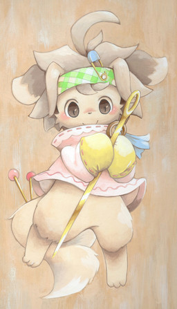 3_toes accessory ambiguous_gender anthro black_eyes blush bottomless brown_body brown_eyes clothed clothing dress feet floppy_ears fur green_clothing grey_eyes grey_hair hair hair_accessory handwear headband holding_object kemono looking_at_viewer pink_clothing semi-anthro simple_background smile solo tail tan_body tan_fur toes yellow_clothing nakanishi023 canid canine canis domestic_dog mammal 2015 absurd_res hi_res
