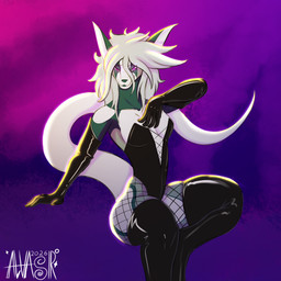 anthro armwear clothing corset female latex latex_armwear latex_clothing latex_corset latex_legwear latex_lingerie latex_topwear legwear lingerie looking_at_viewer net_stockings simple_background solo topwear alvasir_(artist) puppy_(alvasir) canid canine hybrid mammal 1:1 hi_res