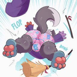 3_toes accident anthro big_butt bottom_heavy briefs bubble_butt bulge bulge_from_behind butt clothing dipstick_tail faceless_anthro faceless_character faceless_male falling feet femboy flying_broom fur grey_body grey_fur hat headgear headwear male male_anthro markings pattern_briefs pawpads paws soles solo tail tail_markings toes underwear wizard_hat young young_anthro young_male kemopunk flaire_(adflareon) canid mammal absurd_res colored digital_media_(artwork) hi_res shaded