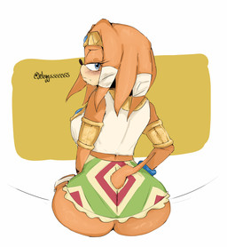 anthro big_butt blue_eyes blush bottomwear butt clothed clothing eyelashes female gold_(metal) gold_jewelry jewelry long_eyelashes looking_at_viewer looking_back looking_back_at_viewer rear_view skirt solo tail thick_thighs wide_hips worried jeteggs sega sonic_adventure sonic_the_hedgehog_(series) tikal_the_echidna echidna mammal monotreme absurd_res hi_res