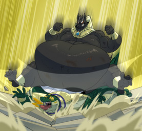 anthro armor belly big_belly bruised bruised_belly butt_crush butt_crushing butt_drop clothed clothing cracked_ground crater crush duo gold_(metal) gold_armor huge_belly impact impact_effect large_male male navel obese obese_anthro obese_male overweight overweight_anthro overweight_male pain partially_clothed partially_clothed_anthro partially_clothed_male scratch_mark sitting sitting_on_another squashed_body thrashing white_sclera wounded yellow_sclera reagan700 aun-ib khopesh_(a-side) alligator alligatorid canid canine canis crocodilian jackal mammal reptile scalie hi_res