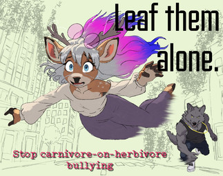 anthro antlers blue_eyes bodily_fluids bullying clothing crying dangerous duo eyelashes eyewear female glasses gold_(metal) gold_jewelry horn humor jewelry long_eyelashes male male/female peril poster predator/prey shirt tank_top tears text throwing topwear yellow_eyes xilewolf aurore_(xilewolf) sicario_(xilewolf) canid canine canis deer mammal new_world_deer wolf english_text hi_res