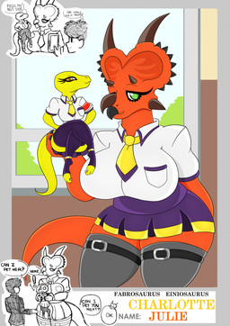 anthro asking asking_another big_breasts bone_frill bottomwear breasts carrying_another cellphone clothed clothed_anthro clothed_female clothed_human clothed_male clothing duo electronics facial_horn female fingers frill_(anatomy) fully_clothed fully_clothed_anthro fully_clothed_female green_eyes grey_clothing grey_legwear grey_thigh_highs holding_cellphone holding_object holding_phone horn larger_female legwear male necktie non-mammal_breasts nose_horn orange_tail phone purple_bottomwear purple_clothing purple_skirt red_body school_uniform shirt size_difference skirt smaller_female standing stockings tail text thigh_highs topwear uniform white_dress_shirt yellow_body yellow_eyes urusee584 cam_(urusee584) charlotte_(urusee584) julie_(urusee584) centrosaurine ceratopsian ceratopsid dinosaur einiosaurus fabrosaurus human mammal marginocephalian ornithischian prehistoric_species reptile scalie 2020 character_name colored digital_drawing_(artwork) digital_media_(artwork) english_description english_text hi_res