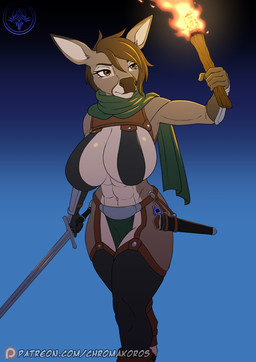 anthro armor belt bevor big_breasts bikini_armor bottomwear breasts brown_body brown_eyes brown_fur brown_hair cape clothing elena_cielo female fur garter_straps gauntlets gloves hair handwear leather loincloth melee_weapon scarf solo studs sword thick_thighs unconvincing_armor weapon white_body white_fur chromakoros tamagotchi deer mammal hi_res