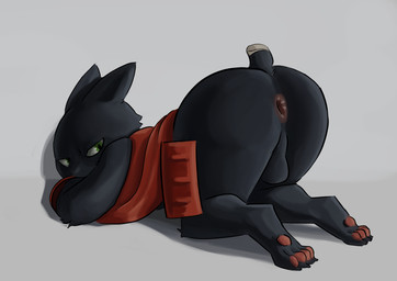 anthro anus ass_up backsack balls black_body black_fur butt clothing feet fur genitals green_eyes looking_back male nude pawpads simple_background solo tail toes cashart cartoon_network mao_mao:_heroes_of_pure_heart sheriff_mao_mao_mao domestic_cat felid feline felis mammal digital_media_(artwork) hi_res