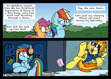 cleaning_tool electronics ellipsis eyewear female group headphones humor mop musical_note musical_symbol slipping soap sunglasses symbol text wings bobthedalek friendship_is_magic hasbro my_little_pony mythology walkman rainbow_dash_(mlp) scootaloo_(mlp) spitfire_(mlp) wonderbolts_(mlp) equid equine mammal mythological_creature mythological_equine pegasus 2018 comic english_text hi_res