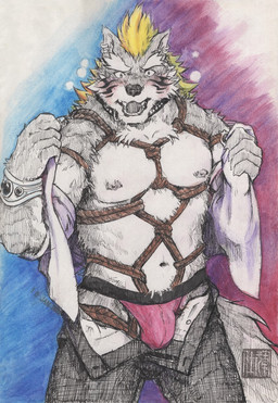 abs anthro balls bdsm blonde_hair blush bondage bound bulge clothing cute_fangs ear_piercing fangs fur furniture genitals hair looking_at_viewer male muscular muscular_anthro muscular_male navel nipples open_mouth pecs piercing restraints rope rope_bondage simple_background solo standing submissive submissive_male teeth undressing felixleong toronoeroaka lifewonders tokyo_afterschool_summoners fenrir_(tas) canid canine canis mammal wolf 2022 dated