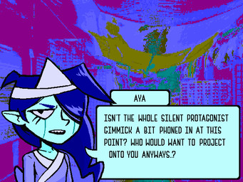 blue_body blue_eyebrows blue_hair blue_skin breasts clothing collarbone cowlick detailed_background dialogue eyebrows female female_humanoid hair hair_over_eye headgear headwear humanoid_pointy_ears long_hair not_furry one_eye_obstructed open_mouth pointy_ears question sharp_teeth small_breasts solo speech_bubble talking_to_viewer teeth text text_box ben_rose aya_(ben_rose) ghost humanoid spirit 4:3 english_text