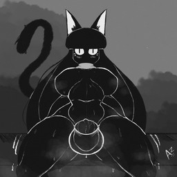 anthro balls bangs big_balls big_penis black_body black_hair black_tail blush blush_lines bodily_fluids breasts bulge cat_tail clothing erection featureless_breasts genital_fluids genitals gradient_background grey_background gynomorph hair huge_penis humanoid_genitalia humanoid_penis intersex leaking_precum long_hair mostly_nude motion_lines mouthless musk navel neutral_expression noseless onomatopoeia penis precum pupils scarf shadow_face shaking_legs simple_background slit_pupils small_waist solo sound_effects sweat sweaty_abs sweaty_breasts sweaty_legs sweaty_thighs tail text underwear vein veiny_penis white_eyes darkazure domestic_cat felid feline felis mammal 1:1 greyscale hi_res monochrome signature