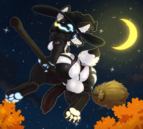 4_ears 4_toes animal_genitalia animal_penis anthro balls big_butt big_penis black_clothing black_penis broom broom_riding butt canine_genitalia canine_penis claws cleaning_tool clothed clothing erection feet fur genitals glowing glowing_paws gynomorph hair hat headgear headwear hindpaw holidays intersex knot machine magic_user moon multi_ear night outside pawpads paws penis plant screen screen_face sky smile solo star starry_sky tail toes tree white_body white_fur witch witch_hat backsash halloween protogen 2025 digital_media_(artwork) hi_res