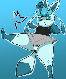 anthro barefoot black_clothing black_shirt black_topwear blue_body blue_eyes blue_fur blush bottomwear chibi clothed clothing dipstick_tail feet female female_anthro fist flag flag_panties flag_print fur gloves_(marking) grey_bottomwear grey_clothing grey_skirt leg_markings markings mexican_flag mexico navel_outline pawpads pointy_ears pokemorph pseudo_hair raised_leg shirt skirt socks_(marking) solo tail tail_markings thick_thighs topwear upskirt waving_hand wide_hips donedoggo nintendo pokemon glace_(donedoggo) eeveelution generation_4_pokemon glaceon pokemon_(species) 2026 absurd_res digital_drawing_(artwork) digital_media_(artwork) hi_res