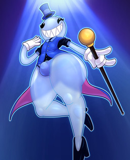 big_butt big_eyes bottom_heavy bubble bubble_butt bulge butt clothing femboy feminine hat headgear headwear male solo spotlight top_hat wide_hips hammurabischode glitch_productions the_amazing_digital_circus bubble_(tadc) humanoid hi_res