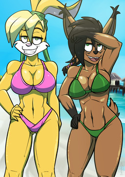 abs anthro beach big_breasts bikini biped black_hair blonde_hair breasts brown_body brown_fur cleavage clothed clothed_anthro clothed_female clothing collarbone day duo eyebrow_through_hair eyebrows female fur green_bikini green_clothing green_swimwear grin hair half-closed_eyes hand_on_hip looking_at_viewer muscular muscular_anthro muscular_female narrowed_eyes navel open_mouth open_smile outside pink_bikini pink_clothing pink_swimwear seaside seductive skimpy sky smile swimwear thick_thighs translucent translucent_hair two-piece_swimsuit wide_hips yellow_body yellow_fur barrin84 archie_comics loonatics_unleashed looney_tunes sega sonic_the_hedgehog_(archie) sonic_the_hedgehog_(comics) sonic_the_hedgehog_(series) warner_brothers lexi_bunny nicole_the_lynx felid feline lagomorph leporid lynx mammal rabbit 2022 dated digital_drawing_(artwork) digital_media_(artwork) english_description hi_res signature