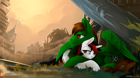 alternate_universe black_hair brown_hair cutie_mark day detailed_background duo eyelashes feathered_wings feathers female feral fur grass green_body green_feathers green_fur hair hooves horn male multicolored_hair outside plant red_eyes red_hair smile two_tone_hair wasteland white_body white_fur wings ashley-arctic-fox fallout fallout_equestria foe:_project_horizons friendship_is_magic hasbro microsoft my_little_pony mythology blackjack_(fallout_equestria) fan_character sgtwaflez_(sgtwaflez) equid equine horse mammal mythological_creature mythological_equine pegasus pony unicorn crossover
