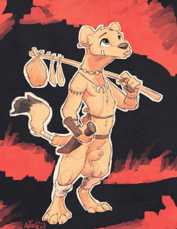 abstract_background animal_genitalia anthro bandage bandaged_tail blep ear_piercing ear_ring genitals jewelry knife male mostly_nude necklace piercing ring_piercing sheath solo standing text tongue tongue_out tribal tribal_clothing animancer mammal mustelid 2026 artist_name hi_res monochrome sepia