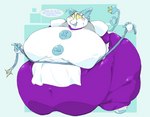 4_fingers anthro belly belly_overhang big_belly big_breasts blush bodily_fluids breasts cable_tail fat_legs female fingers holding_object holding_whip huge_belly huge_breasts huge_thighs machine morbidly_obese morbidly_obese_anthro morbidly_obese_female navel obese obese_anthro obese_female overweight overweight_anthro overweight_female purple_body simple_background solo sweat sweatdrop thick_thighs whip wide_hips yellow_eyes gabrielcoroum deltarune undertale_(series) tasque_manager darkner felid feline mammal robot