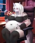 anthro belly big_belly big_breasts black_nails black_nose breasts chair colored_nails female food food_fetish fur furniture grey_body grey_fur huge_belly hyper hyper_belly nails obese office_chair overweight overweight_anthro overweight_female pizza red_sclera solo tail white_body white_fur ainys helluva_boss loona_(helluva_boss) hi_res