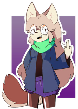 anthro bottomwear brown_body brown_fur clothing eyewear female fur gesture glasses gradient_background hand_gesture jacket leggings legwear looking_at_viewer middle_finger scarf simple_background skirt solo tan_body tan_fur text topwear catjamn karina_(catjamn) canid canine mammal aliasing digital_media_(artwork) hi_res