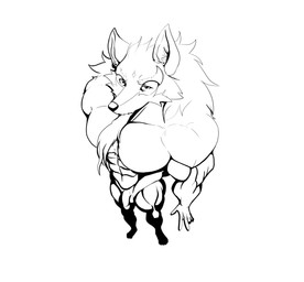 abs aged_up anthro balls barazoku beard biceps black_nose ears_up eyebrows facial_hair feet flaccid fur genitals male mature_male muscular muscular_anthro muscular_male pecs penis perspective solo triceps pinumontbalou sdorica law_(sdorica) canid canine canis mammal wolf hi_res line_art monochrome