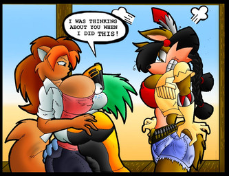 angry anthro belt big_breasts black_hair bottomwear breasts brown_body brown_fur brown_hair bullet bullet_belt clothing crop_top diving_suit eyewear eyewear_on_head face_in_breasts female fur goggles goggles_on_head green_hair group hair huge_breasts jacket male orange_body orange_fur pants shirt shorts speech_bubble teeth text topwear trio virus-20 june_coyote travis_seal aquatic canid canine canis coyote domestic_cat felid feline felis mammal pinniped seal 2009 digital_media_(artwork) english_text