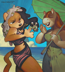 anthro beach clothed clothing dreadlocks duo eyes_closed female feral fur hair open_mouth seaside smile standing teeth stealthnachos aquatic arthropod crab crustacean decapod equid equine malacostracan mammal 2019