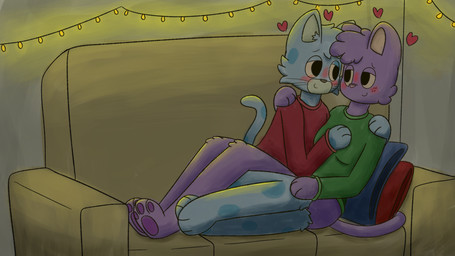 anthro arm_around_partner blush bottomless bottomless_anthro bottomless_female bottomless_male christmas_decorations christmas_lights clothed clothing convenient_censorship cuddling duo female freckles fur furniture happy heart_symbol holidays implied_nudity looking_at_another love male male/female markings on_sofa pillow romantic romantic_ambiance romantic_couple smile sofa spots spotted_body spotted_fur sweater tail topwear touching_chest touching_leg whiskers eggnaug christmas lucy_(eggnaug) marshall_(eggnaug) domestic_cat felid feline felis mammal 16:9 absurd_res colored digital_drawing_(artwork) digital_media_(artwork) digital_painting_(artwork) digital_watercolor_(artwork) hi_res painting_(artwork) shaded watercolor_(artwork) widescreen