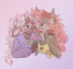 anthro blush breasts clothed clothing duo female female/female flower fluffy fur hair hug lgbt_pride love open_mouth plant smile teeth eneeku bovid bovine canid canine mammal 2020 clip_studio_paint_(artwork) digital_drawing_(artwork) digital_media_(artwork)