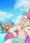 anthro beard beard_ponytail clothing duo facial_hair fur male muscular muscular_anthro muscular_male swimwear water white_beard white_body white_facial_hair white_fur raymond158 league_of_legends riot_games tencent gnar_(lol) rengar_(lol) felid feline lion mammal pantherine yordle hi_res