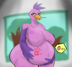 anthro beak belly big_belly big_breasts big_butt breasts butt crotch_tuft curvy_figure eggnant feathers female hand_print happy holding_stomach looking_at_viewer navel open_mouth paint pregnant pregnant_anthro pregnant_female purple_body purple_feathers purple_wings solo talking_to_viewer text thick_thighs tuft voluptuous wide_hips winged_arms wings plantedpot garten_of_banban opila_(garten_of_banban) avian bird colored digital_drawing_(artwork) digital_media_(artwork) english_text hi_res