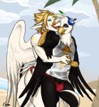 anthro beach beak bulge duo feathered_wings feathers hand_holding male male/male seaside tail wings cerezo mythology siegfried skoop angel_dragon avian dragon gryphon leoketsal mythological_avian mythological_creature mythological_scalie scalie