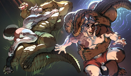 anthro bite cuddling duo fur lying male male/male minimal_clothing multicolored_body multicolored_fur muscular partially_submerged simple_background tattoo dioni5 ademir_(ctac) myles_witterson canid canine canis crocodile crocodilian domestic_dog mammal reptile saltwater_crocodile scalie absurd_res hi_res