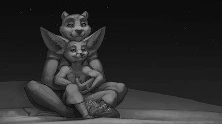 anthro anthro_on_anthro breasts clothed clothed_anthro clothed_female clothed_male clothing duo feet female fingers fur inner_ear_fluff interspecies larger_female long_ears male male/female night shirt sitting size_difference smaller_male smile topless topless_anthro topless_male topwear tuft ipoke canid canine felid fennec_fox fox lion mammal pantherine true_fox 16:9 monochrome sketch widescreen