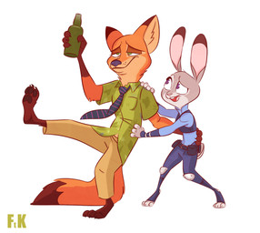 alcohol anthro barefoot beverage black_ear_tips black_nose buckteeth clothed clothed_anthro clothed_female clothed_male clothing dipstick_ears dipstick_tail drunk duo ear_markings feet female fur green_eyes grey_body grey_fur male markings multicolored_ears orange_body orange_fur pink_nose purple_eyes scut_tail short_tail simple_background smile substance_intoxication tail tail_markings teeth whisker_spots white_background fluttershythekind disney zootopia judy_hopps nick_wilde american_red_fox canid canine european_rabbit fox lagomorph leporid mammal oryctolagus rabbit red_fox true_fox 2018 digital_media_(artwork) hi_res