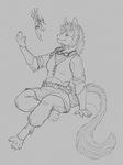 anthro claws clothing female fur inner_ear_fluff leather leather_clothing mane sitting solo tail tuft yaroul mythology canid canine canis dragon furred_dragon furred_scalie hybrid mammal mythological_creature mythological_scalie scalie wolf 2024 black_and_white hi_res monochrome sketch