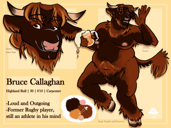 alcohol anthro bangs beer beer_belly beverage brown_body bruce_callaghan fluffy hair hair_bun hooves horn male moobs overweight overweight_male solo text qapricore bovid bovine cattle highland_cattle mammal 4:3 english_text hi_res model_sheet