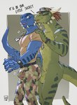 anthro aroused blue_body blue_scales bodily_fluids bottomwear bulge camo camo_bottomwear camo_clothing camo_pants camo_print claws clock clothed clothing dog_tag_necklace duo erection fully_clothed genital_fluids genitals glans green_body green_scales horn hot_dogging humanoid_genitalia humanoid_penis male male/male military muscular muscular_anthro muscular_male nude pants pattern_bottomwear pattern_clothing pattern_pants penis precum scales sex shirt soldier spikes t-shirt text topwear warrior watch wristwatch lion21 microsoft the_elder_scrolls tristen argonian reptile scalie hi_res