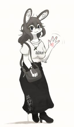 4_fingers anthro bag bottomwear breasts clock clothed clothing cross dress female fingers fully_clothed gesture hair looking_at_viewer shirt simple_background skirt smile solo text text_on_bottomwear text_on_clothing text_on_shirt text_on_skirt text_on_topwear topwear watch waving white_background wristwatch dogpig28472 lagomorph leporid mammal rabbit 2020 absurd_res hi_res
