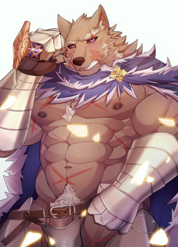 abs anthro armor balls barely_visible_balls barely_visible_genitalia barely_visible_penis biceps black_sclera clothing fur genitals male muscular muscular_anthro muscular_male nipples pecs penis scar simple_background solo teeth connecting_y elden_ring fromsoftware blaidd_(elden_ring) canid canine canis mammal wolf